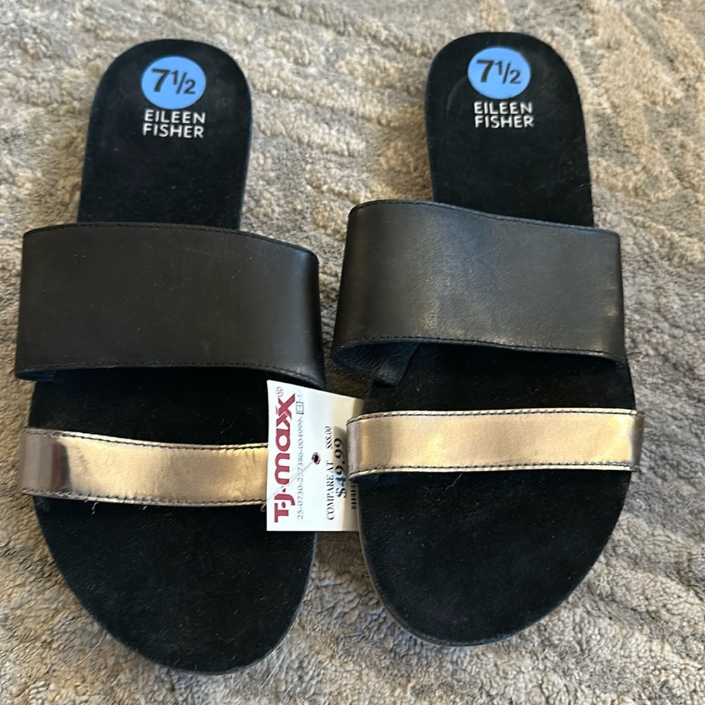 NWT Eileen Fisher Folly Leather Double Strap Flat Sandals